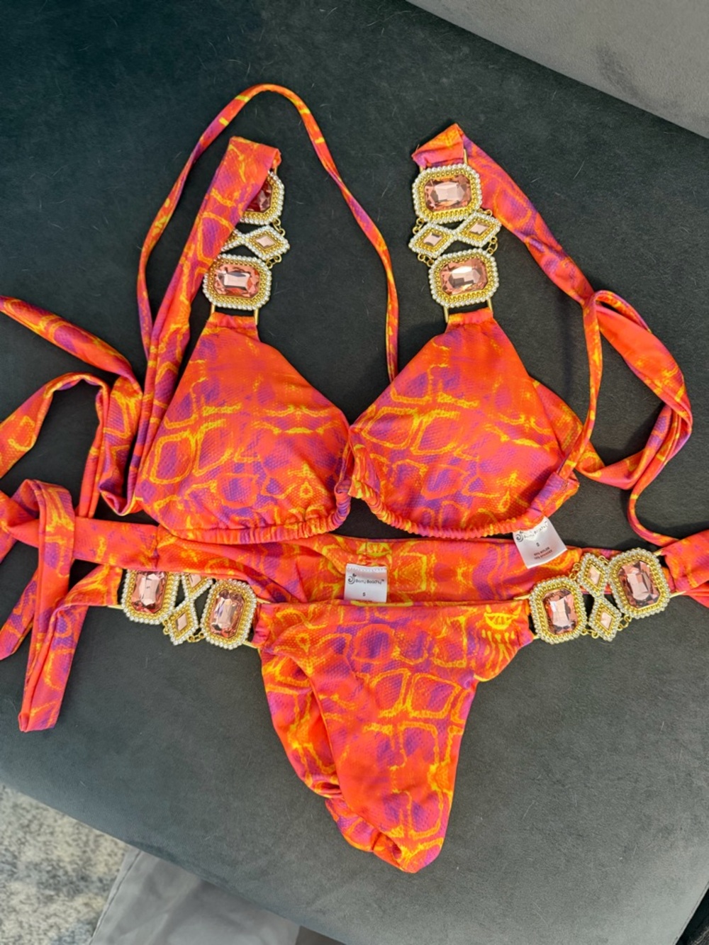 NWOT Jewel Embellished Berry Beachy Orange-Pink Bikini Set